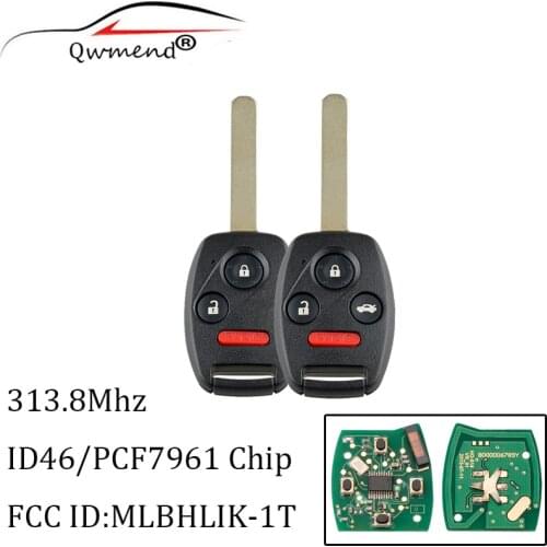 2+1Buttons 313.8Mhz Car Remote Key Fob For Honda CR-V FIT INSIGHT 2007-2012 For Honda CRV MLBHLIK-1T ID46 Chip HON66 Blade