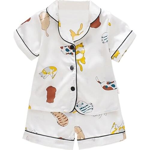 Toddler Boys Girls Cartoon Kitten Print Nightwear Set Baby Kids Short Sleeve Blouse Tops Shorts Sleepwear Pajamas 2020 New