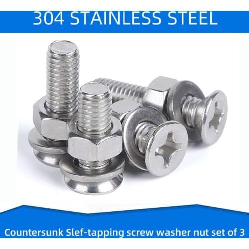 304 Stainless Steel Cross countersunk Screw with Flat Washer Nut Phillips Screws set of 3 Bolt M6 M8 M10