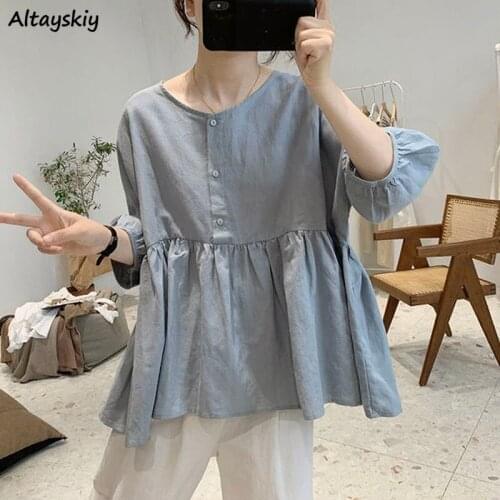 Blouses Women Solid All-match Fashion Leisure Korean Style Loose O-neck Summer New College Female Fold Vintage Simple Breathable