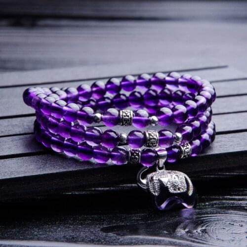 Natural Purple Amethyst Quartz 3 Laps Bracelet Fox Elephant Gourd Pendant Gemstone 6mm Round Beads Women Men Crystal AAAAA