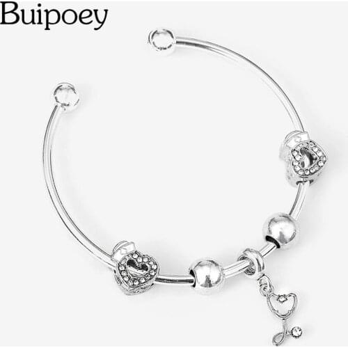 Buipoey Silver Color Heart Nurse Hat Beaded Bracelets For Women Stethoscope Dangle Round Charm Opening Bracelet & Bangle Jewelly