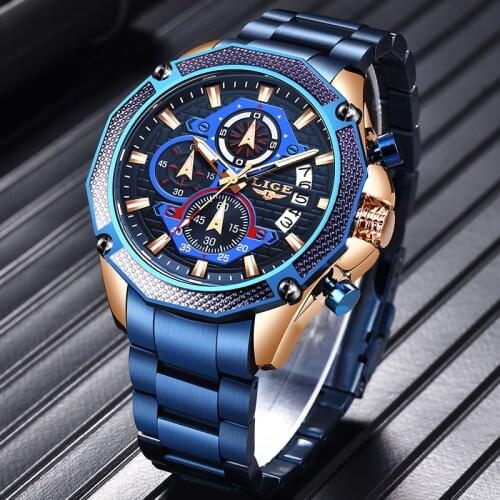 2021 New Fashion Blue Watch Men Quartz Clock LIGE Steel Strap Multifunction Calendar Mens Watches Top Brand Luxury Reloj Hombre