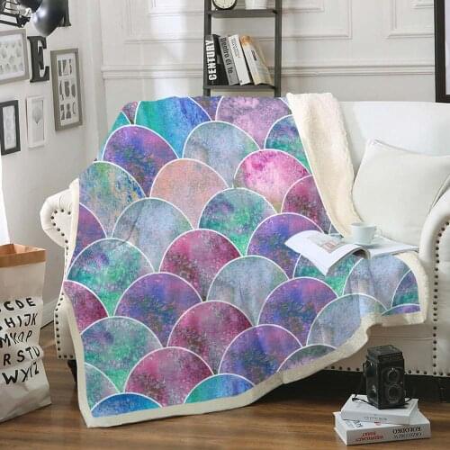 Colorful Fish Scales Sherpa Flannel Fleece Reversible Blanket Pink Blue Purple Cozy Bed Sofa Blanket Kids Girls Neon Fur Throw