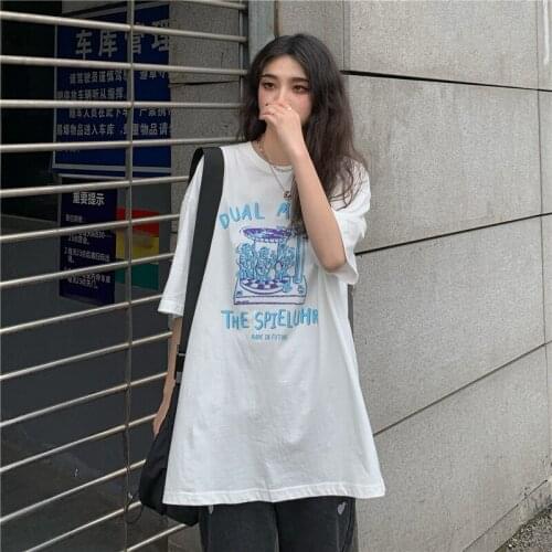 Summer college style letter printing half-sleeved mid-length loose cotton round neck T-shirt simple and versatile casual women
