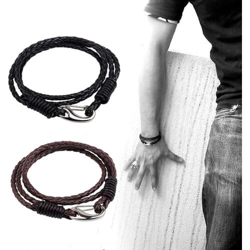 Classic PU Leather Woven Bracelets Simple Stainless Steel Charm Bracelets Male Fashion Jewelry Accessories