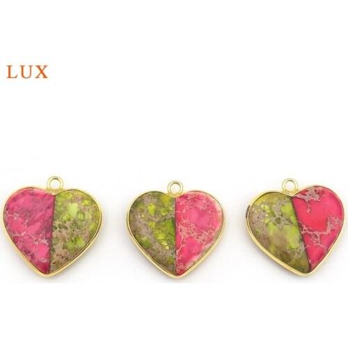 2pcs Natural Stone Elegant Colours Emperor Stone Gold Heart Shape Pendants Exquisite Charm Woman Jewelry Making Necklace