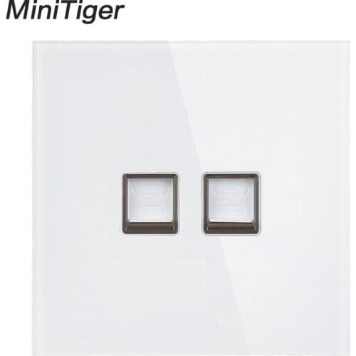 Minitiger White Luxury Crystal Tempered Glass Frame Double RJ11 Tel Jack 2Gang Double Telephone Socket Outlet Wiring Accessories