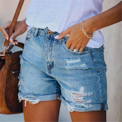 High Waist Fashion Jeans Womens Pocket Solid Jeans Denim Pants Female Hole Bottom Casual Shorts