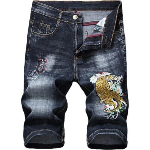 Summer New Mens Denim Shorts Embroidery Patches Cotton Straight Short Jeans Men Blue Casual Shorts Fashion Brand Mens Clothing