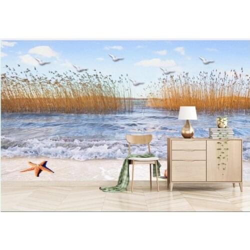 Custom mural on the wall wallpaper 3d Fresh reed birds seaside beach scenery home decor photo Wallpaper rolls in the room