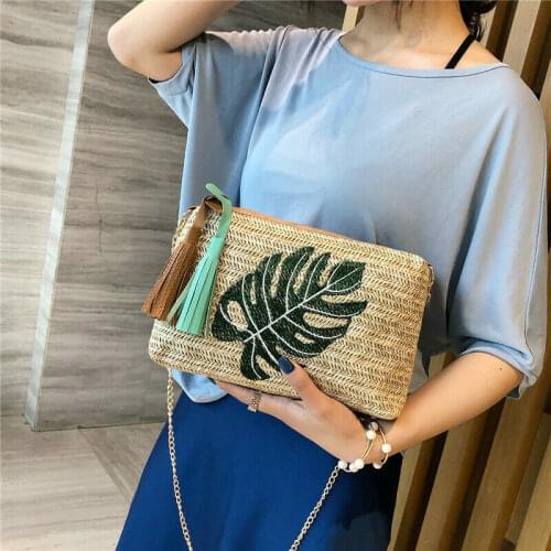 2019 Newest Hot Womens Leaves Printed Rattan Straw Plait Small Square Bag One Shoulder Slanted Across Messenger Bags Beach Bags