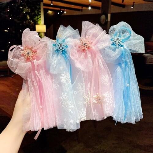 New Ice and Snow Princess Crown Hairpin Snowflake Bow Ribbon Hairpin Blue Crystal Net Yarn Girls Cute Headdress Duckbill Clip