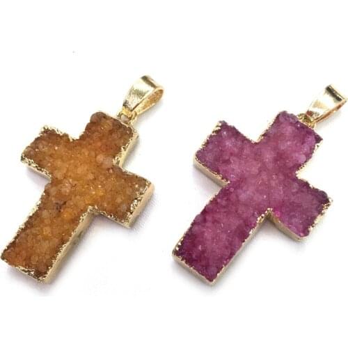 Trendy Cross Shape Charms Natural Stone Agates Crystal Necklace Pendant For Jewelry Making DIY Accessories Fit Necklace Gift
