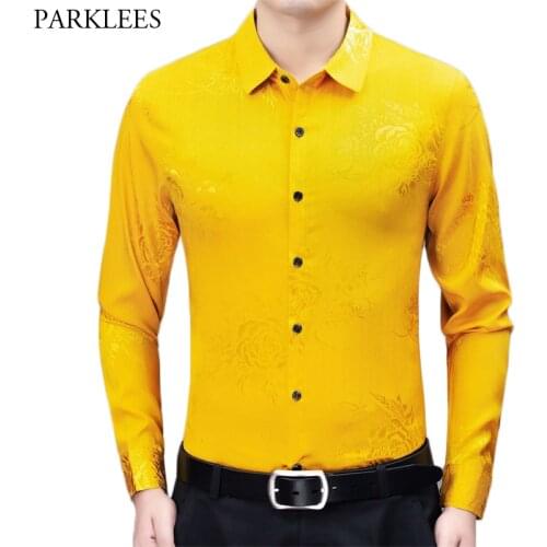 Yellow Smooth Silk Satin Shirt Men 2020 Stylish Floral Printed Mens Slim Fit Long Sleeve Dress Shirts Casual Soft Chemise Homme