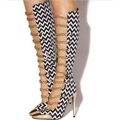 Sexy Gold Chains Decorated Boots Pointed Toe High Heel Knee High Gladiator Sandals Boots For Women Summer Dress Shoes