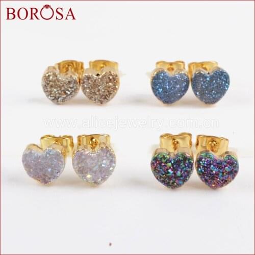 BOROSA Heart Natural Druzy Crystal Titanium Rainbow Druzy Stud Earrings for Women, New Gold Color Drusy Studs Earrings G1328