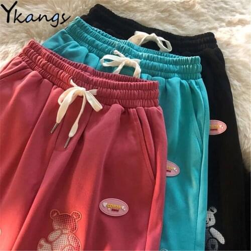 Cute Bear Appliques Solid Fashion Shorts Summer Womens Clothing Casual Harajuku Sports Workout Korean Style Biker Capri Pants
