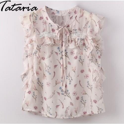 Tataria Loose Floral Printed Chiffon Blouse Women Elegant Ruffles Blouses Shirt Sleeveless Bow Tied Neck Camisas Blusas Tops