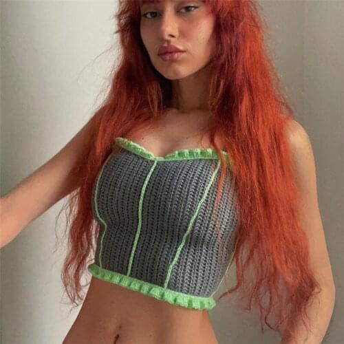 Women Summer Crop Ruffled Tops Match Color Spaghetti Strap Low-Cut Knit Vest with Back Cross Straps for Girls