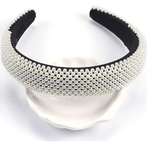 Women Luxury Hairbands Full Pearl Jewelry Wide Headband Imitation Pearl Beaded Embellished Hair Hoop Wedding Banquet Headpiece