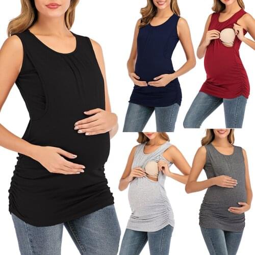 Woman Round Neck Sleeveless Vest Solid Color Maternity Breastfeeding Clothes Nursing Tops Pregnancy T Shirts for Pregnant