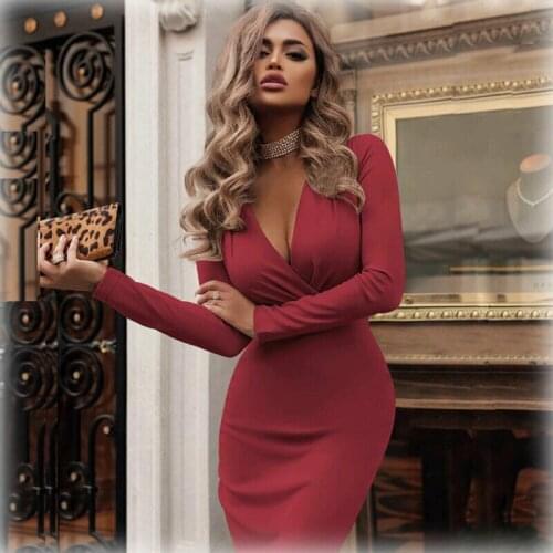 Women Bandage Bodycon Casual Sleeve Long Sleeve Evening Party Club Long Solid Color Deep V Neck Dress