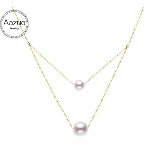 Aazuo Natural Double Freshwater Pears Real 18K Yellow Gold Double Chain Necklace gifted for Women Au750 18 inches Chain
