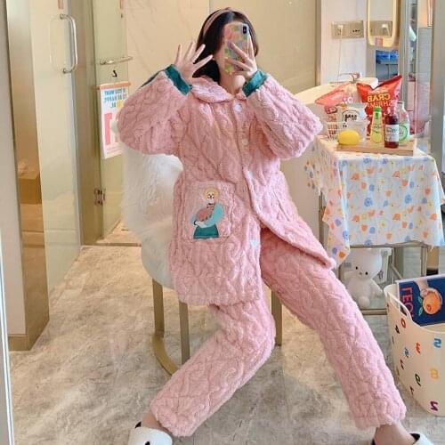Winter New Quilted Pajamas Set Women Three Layer Thick Nightwear 2 Piece Flannel Keep Warm Sleepwear Ladies Casual Home Clothes
