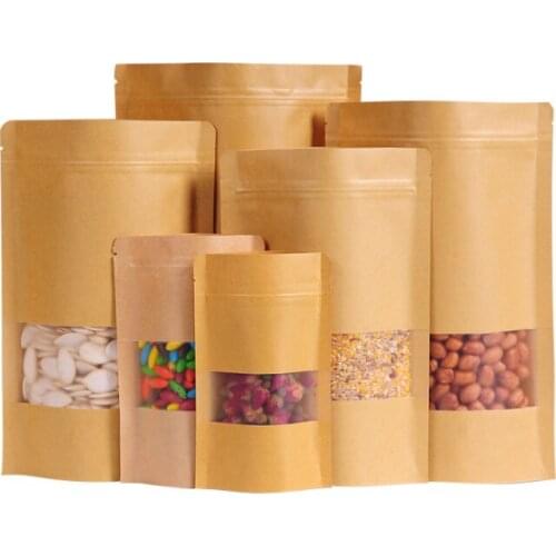 17*24+4 Food Moisture Barrier Bags Packaging sealing pouch Brown Kraft Paper Doypack Pouch with clear Window