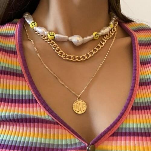 HaHaGirl 2021 Fashion Pearl Choker Necklace For Women Sweet Girl Smile Face Beads Necklace Coin Letter Pendant Necklace Jewelry