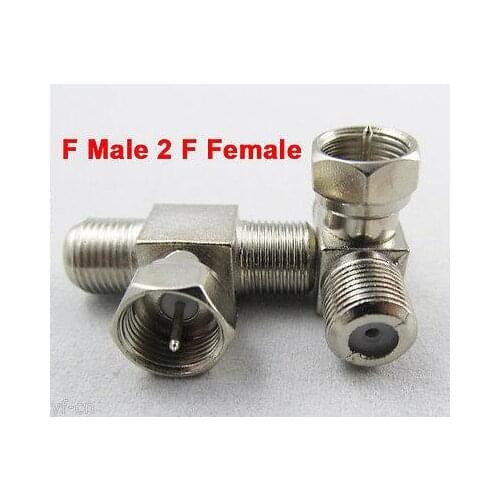 3pcS VHF/UHF TV Right Angle 1 F Male Plug to 2 F Female Jack T type Connector