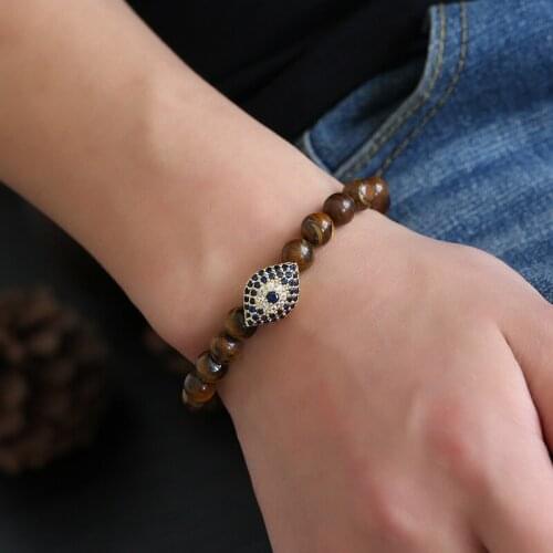 2019 New Fashion 8mm Natural Tiger Eye Beads Bracelet Personality Micro Inset Zircon Eye Elastic Bracelet Jewelry for Men Women
