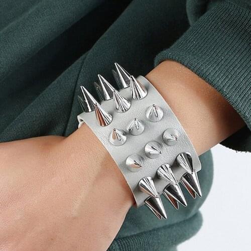 Three Row Spiked Bracelet Rivet Wide Cuff Leather Punk Gothic Rock Fashion Non Mainstream mens Jewelry