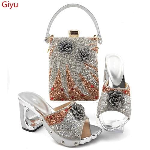 Doershow Italian silver Shoes With Matching Bags African Women Shoes and Bags Set For Prom Party Summer Sandal! SYG1-6