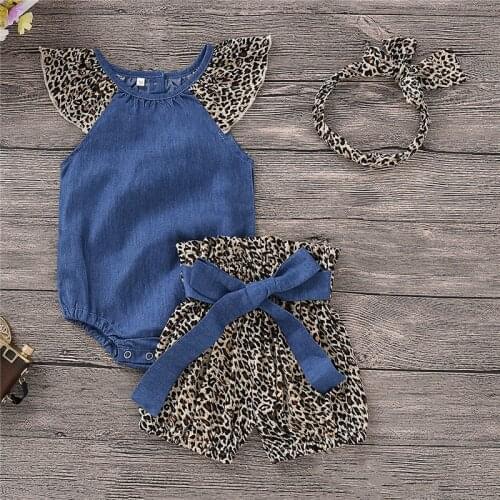 0-24M Newborn Infant Kid Baby Girl Leopard Denim Romper Pants Headband 3PCS Outfits Clothes