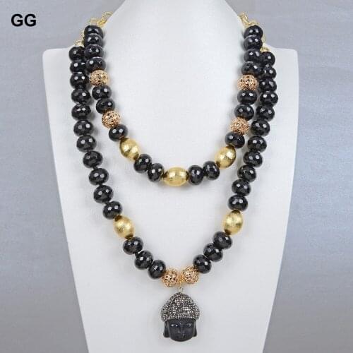 GG Jewelry Natural 2 Strands Black Faceted Onyx Rondelle Buddha Gold Color Chain Buddhist Statues Pendant Necklace 21" For Women
