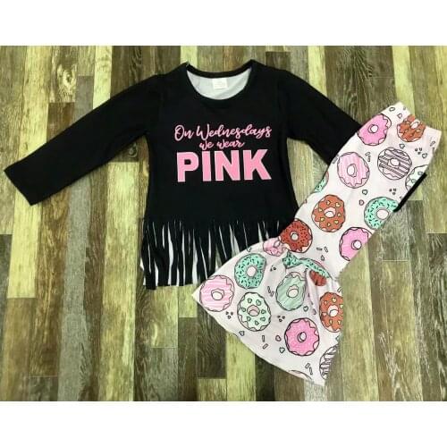 Boutique Baby Girl fringe Pink letter cartoon donut pattern bell bottom set