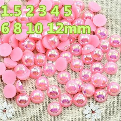Resin AB deep pink flatback round pearl 1.5-14mm flat back half pearl