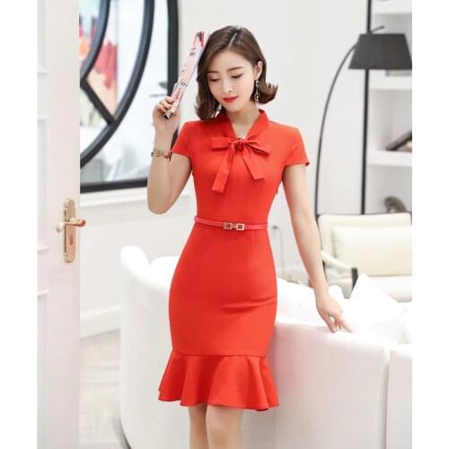 Fashion Orange Dresses With Belt OL Styles 2019 Summer Slim Hips for Office Ladies Dress Female Vestidos Tops Clothes