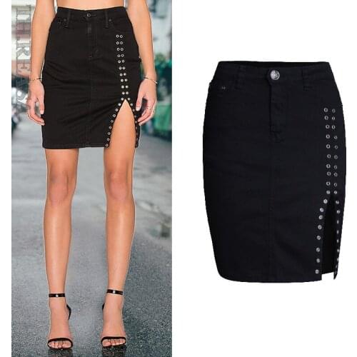 Womens New High-waist Slim Fit Hip Lift Was Thin Ms. Skirt Metal Rivets Open-hole Slit Skirt