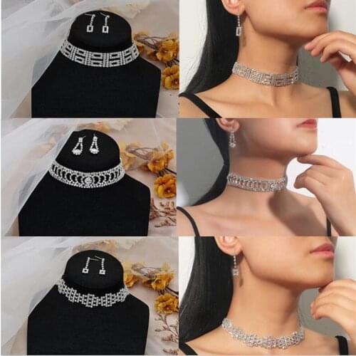 New Sparkling Rhinestone Choker Crystal Necklace Bridal Women Wedding Party Gifts Tassels Trim Pendant Drop Earrings Jewelry Set