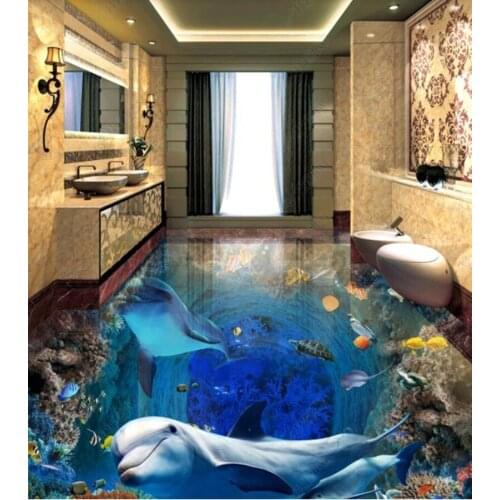 PVC Underwater world dolphin mother child love non-slip waterproof self-adhesive 3D floor sticker tiles bathroom 3D wallpaper