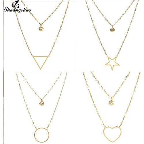Shuangshuo Boho Geometric Jewelry Star Triangle Circle Sign Heart Necklace Doule Layers Cute Crystal Pendants Necklace Collier