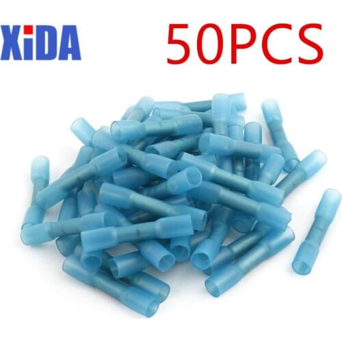 50pcs Blue 16-14 AWG Heat Shrink Butt Wire Cable Crimp Connector Electrical Terminals 1.5-2.5mm2 Quick Connect Connector BHT2