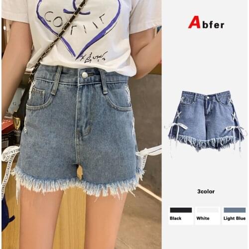 Abfer Jean Shorts Women Summer Plus Size High Waisted Korean Style Tassel Hem Short Jeans Female Side Bandage Denim Shorts Kpop