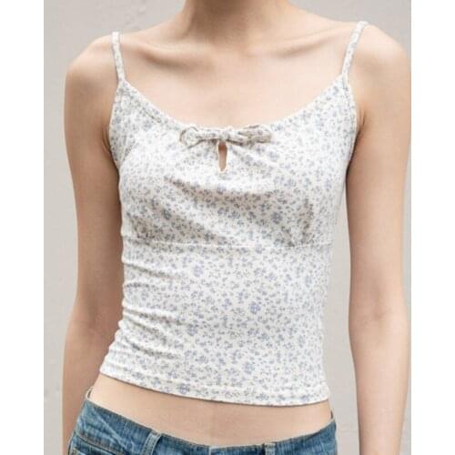 Sweet Women Soft Cotton O Neck Straight Sling 2021 Summer Fashion Ladies College Style Bow Lace Vest Female Printed Short Vest