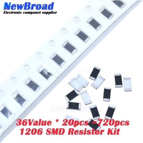 33Value * 20pcs =720pcs 1206 SMD Resistor Kit 1/4W 0.25W 5% 1 ohm~10 Mohm component diy kit new and original