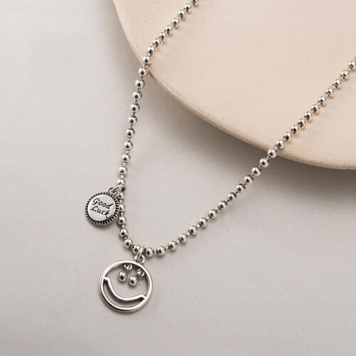 925 Sterling Silver Hollow Smiling Face Pendant Necklace Thai Silver Round Luck Charm Necklace Jewelry S-N586