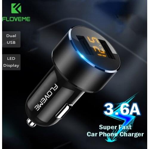 FLOVEME USB Car Charger LED Display 3.6A Mini Car Phone Charger Adapter in Car For iPhone 11 8 Car Dual USB Mobile Phone Charger